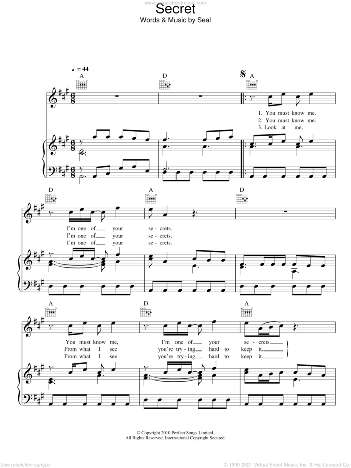 Secret sheet music for voice, piano or guitar by Manuel Seal, intermediate skill level