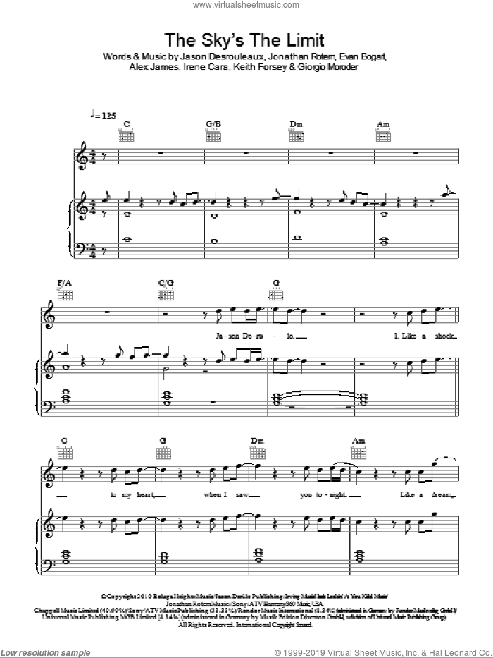 The Sky's The Limit sheet music for voice, piano or guitar by Jason Derulo, Alex James, Evan Bogart, Giorgio Moroder, Irene Cara, Jason Desrouleaux, Jonathan Rotem and Keith Forsey, intermediate skill level