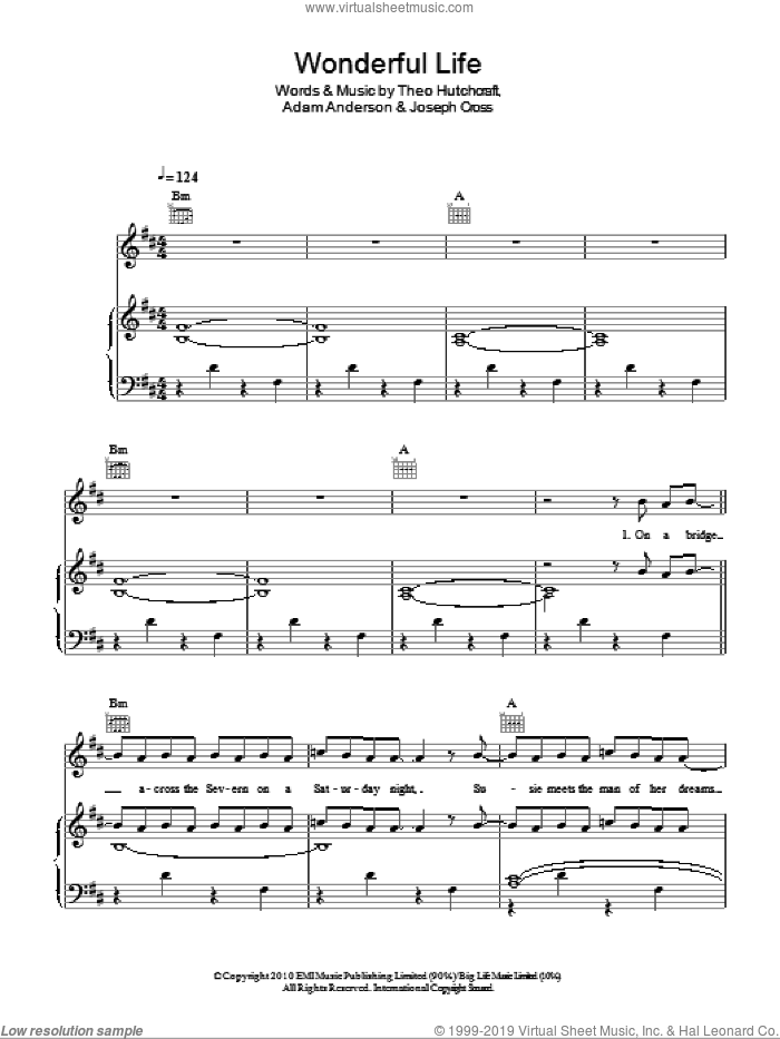 Wonderful Life sheet music for voice, piano or guitar by Hurts, Adam Anderson, Joseph Cross and Theo Hutchcraft, intermediate skill level
