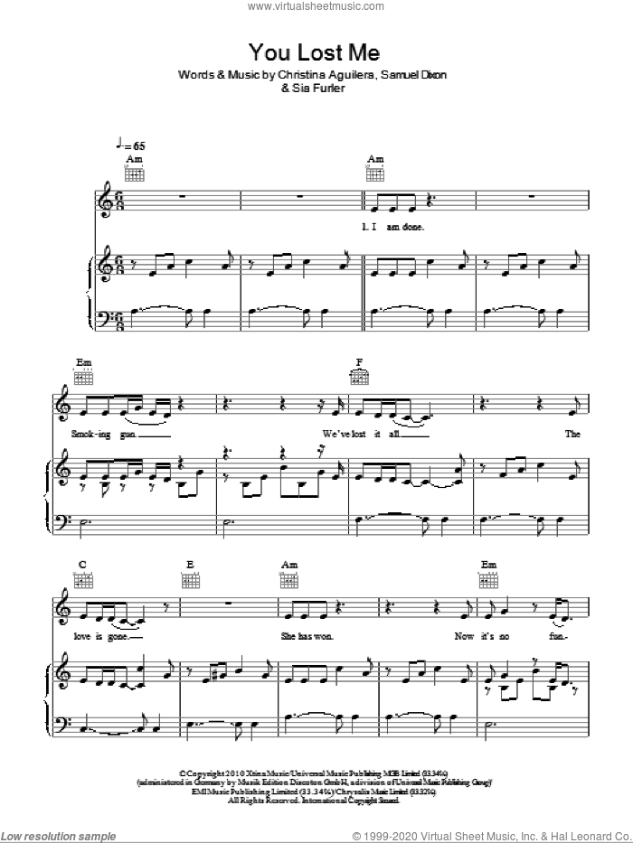 You Lost Me sheet music for voice, piano or guitar by Christina Aguilera, Samuel Dixon and Sia Furler, intermediate skill level