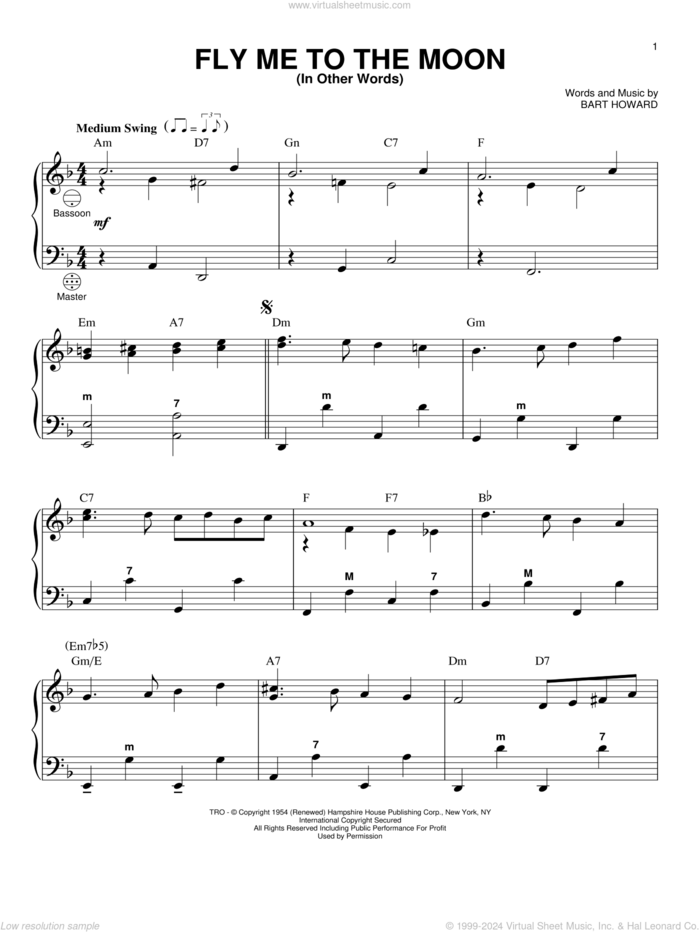 Fly Me To The Moon (In Other Words) sheet music for accordion by Frank Sinatra and Bart Howard, wedding score, intermediate skill level