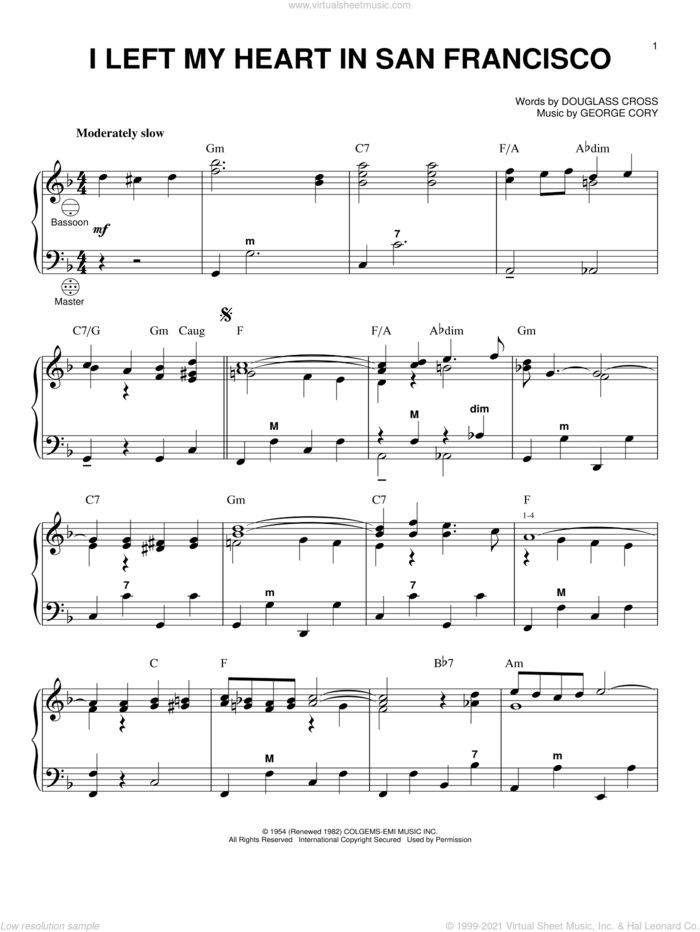 I Left My Heart In San Francisco sheet music for accordion by Tony Bennett, Douglass Cross and George Cory, intermediate skill level