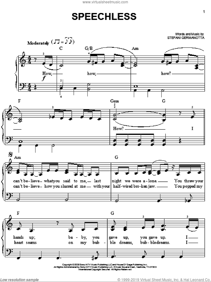 Speechless, (easy) sheet music for piano solo by Lady GaGa, easy skill level