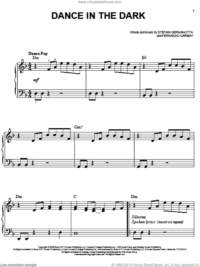 Dance In The Dark sheet music for piano solo by Lady GaGa and Fernando Garibay, easy skill level
