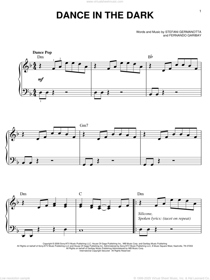 Dance In The Dark sheet music for piano solo by Lady GaGa and Fernando Garibay, easy skill level
