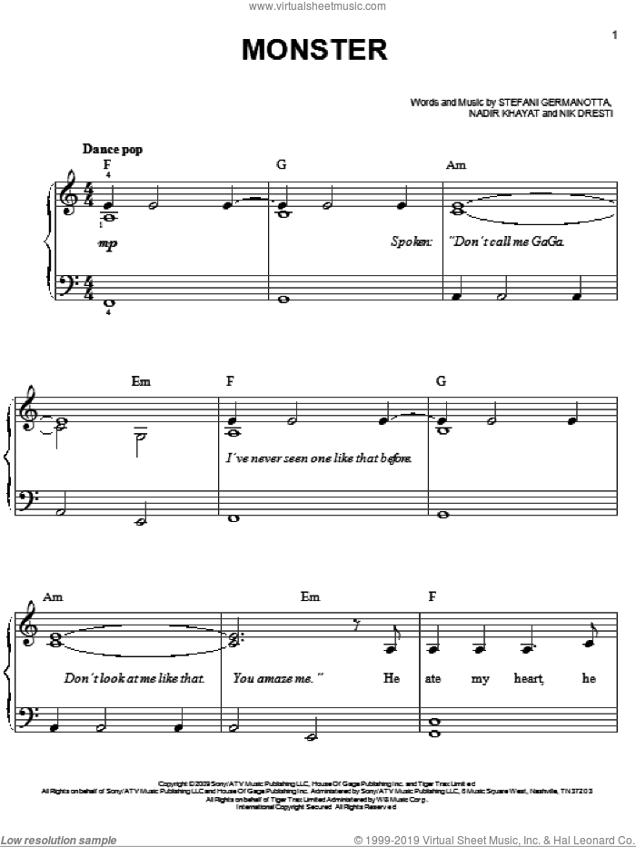 Monster sheet music for piano solo by Lady GaGa, Nadir Khayat and Nik Dresti, easy skill level