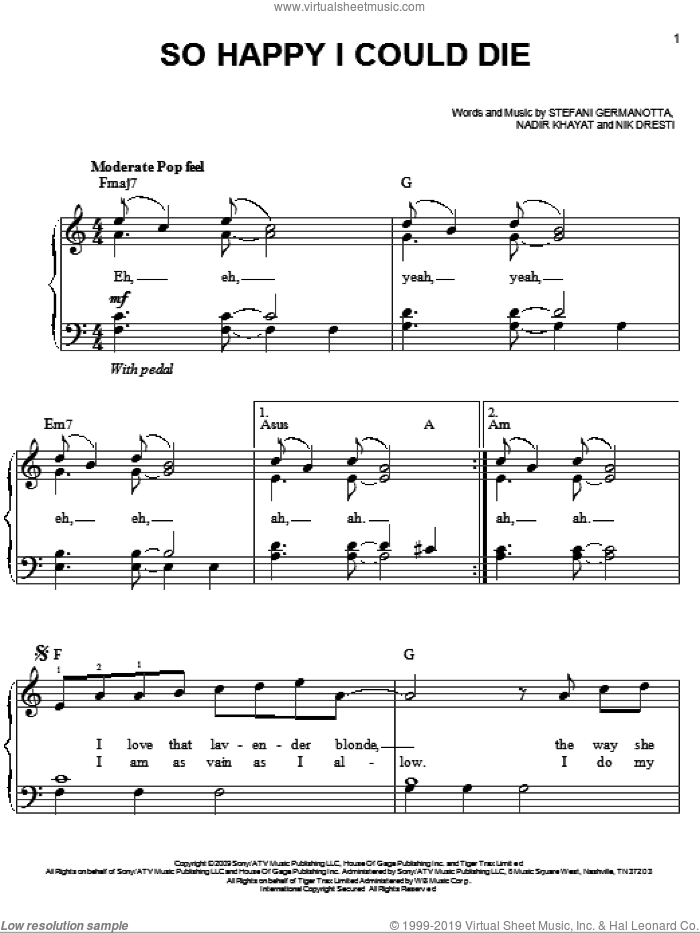 So Happy I Could Die sheet music for piano solo by Lady GaGa, Nadir Khayat and Nik Dresti, easy skill level