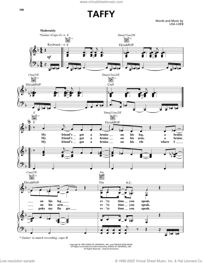 Taffy sheet music for voice, piano or guitar by Lisa Loeb & Nine Stories and Lisa Loeb, intermediate skill level