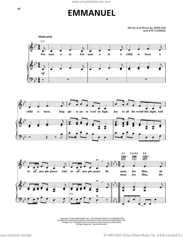 Emmanuel sheet music for voice, piano or guitar by Kathy Mattea, Janis Ian and Kye Fleming, intermediate skill level
