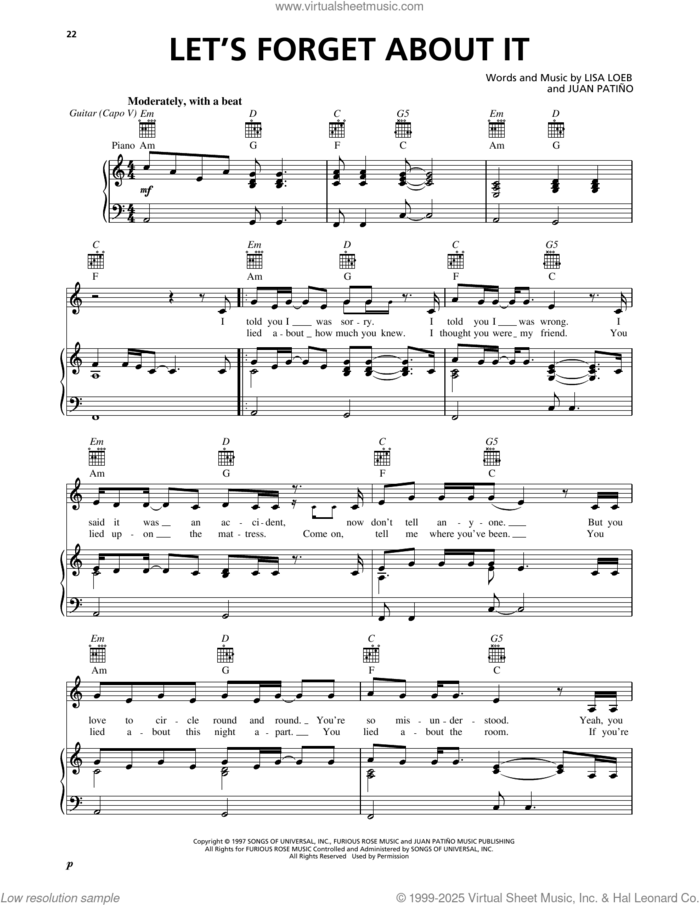 Let's Forget About It sheet music for voice, piano or guitar by Lisa Loeb and Juan Patino, intermediate skill level