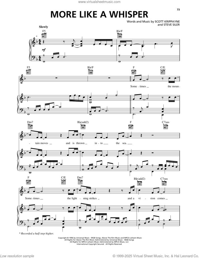 More Like A Whisper sheet music for voice, piano or guitar by The Martins, Scott Krippayne and Steve Siler, intermediate skill level