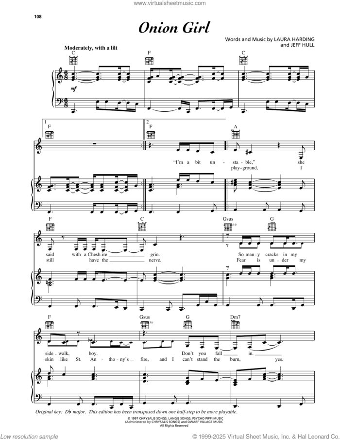 Onion Girl sheet music for voice, piano or guitar by Holly Cole, Jeff Hull and Laura Harding, intermediate skill level