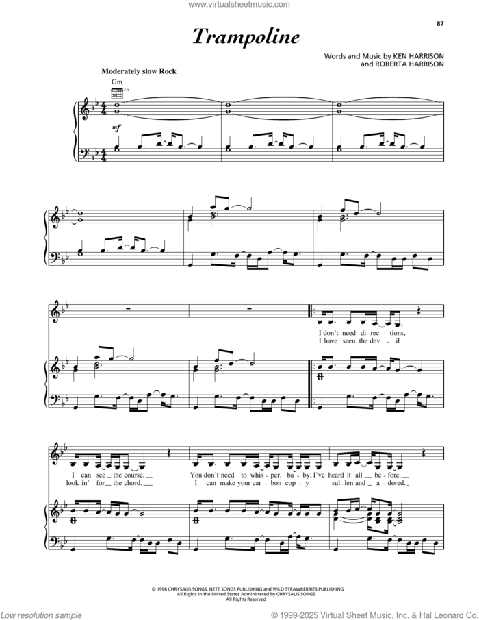 Trampoline sheet music for voice, piano or guitar by Wild Strawberries, Ken Harrison and Roberta Harrison, intermediate skill level