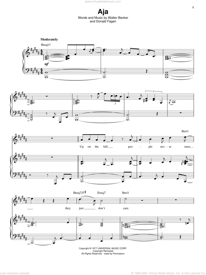 Aja sheet music for voice and piano by Steely Dan, Donald Fagen and Walter Becker, intermediate skill level