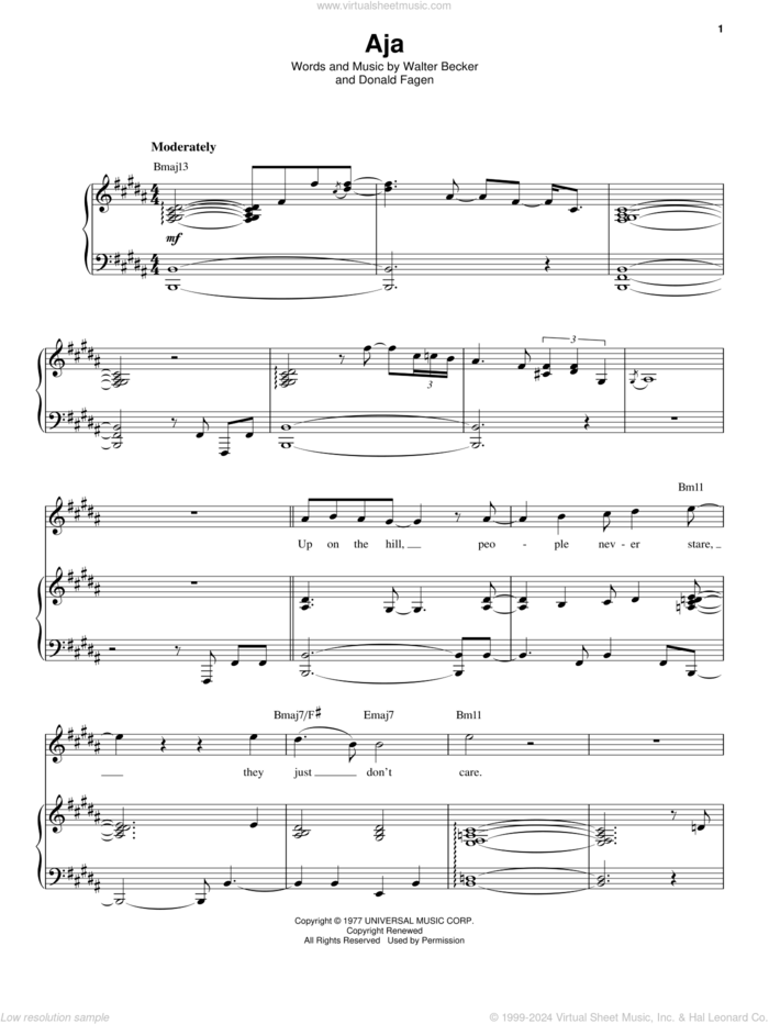 Aja sheet music for voice and piano by Steely Dan, Donald Fagen and Walter Becker, intermediate skill level