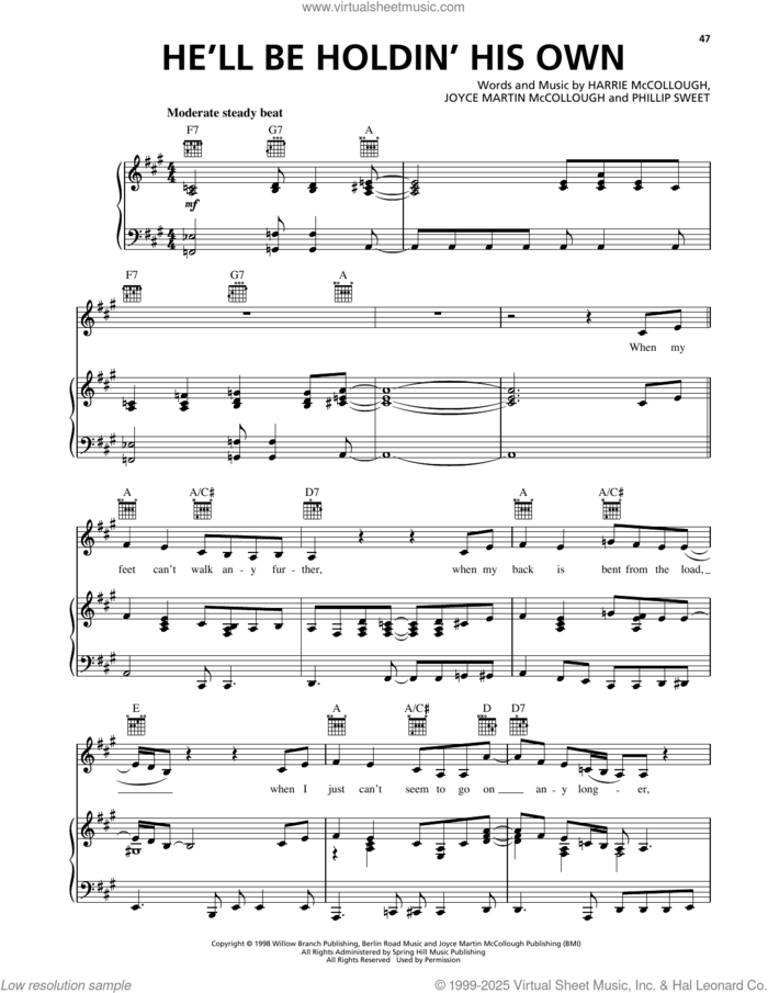 He'll Be Holdin' His Own sheet music for voice, piano or guitar by The Martins, Harrie McCollough, Joyce Martin McCollough and Phillip Sweet, intermediate skill level
