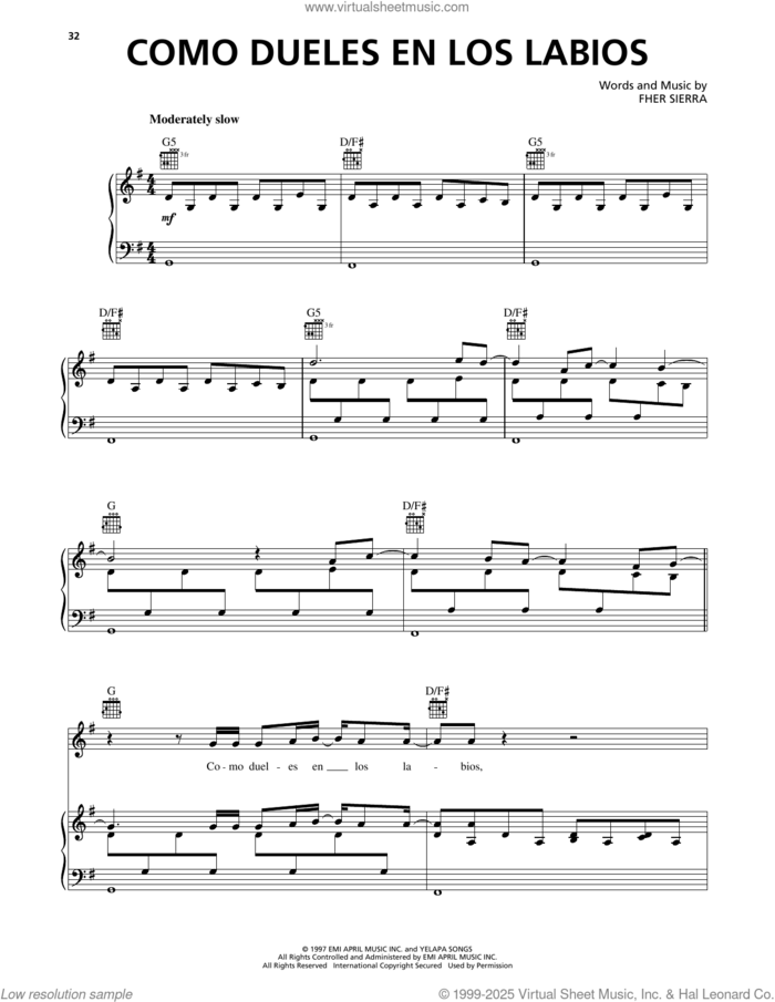 Como Dueles En Los Labios sheet music for voice, piano or guitar by Maná and Fher Sierra, intermediate skill level