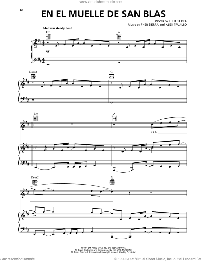 En El Muelle De San Blas sheet music for voice, piano or guitar by Maná, Alex Trujillo and Fher Sierra, intermediate skill level