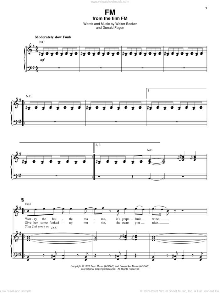 FM sheet music for voice and piano by Steely Dan, Donald Fagen and Walter Becker, intermediate skill level