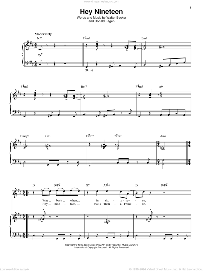 Hey Nineteen sheet music for voice and piano by Steely Dan, Donald Fagen and Walter Becker, intermediate skill level