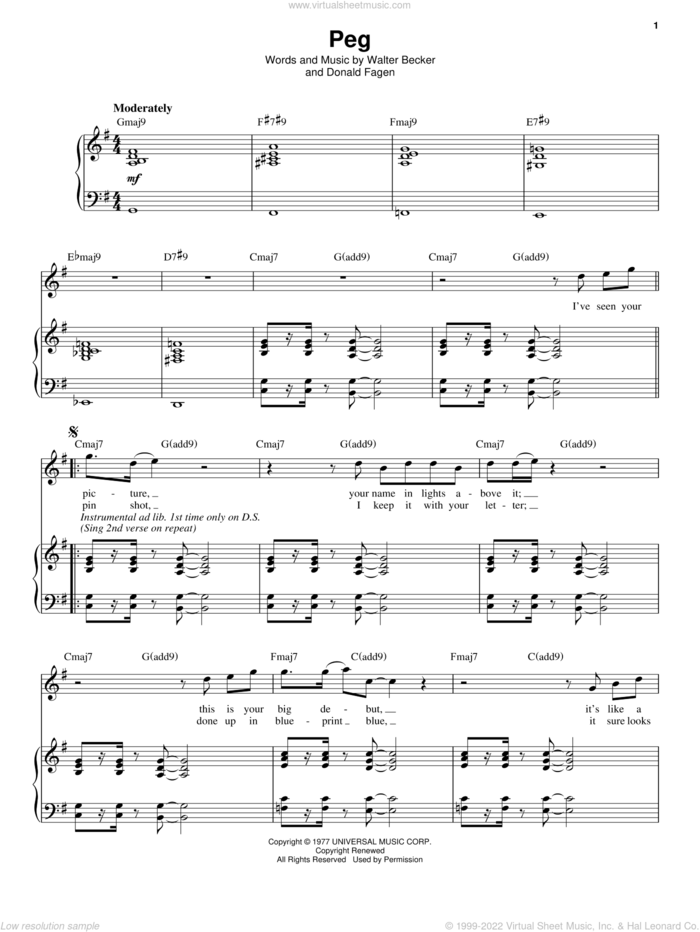 Peg sheet music for voice and piano by Steely Dan, Donald Fagen and Walter Becker, intermediate skill level