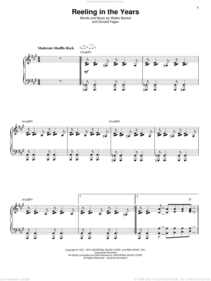 Reeling In The Years sheet music for voice and piano by Steely Dan, Donald Fagen and Walter Becker, intermediate skill level