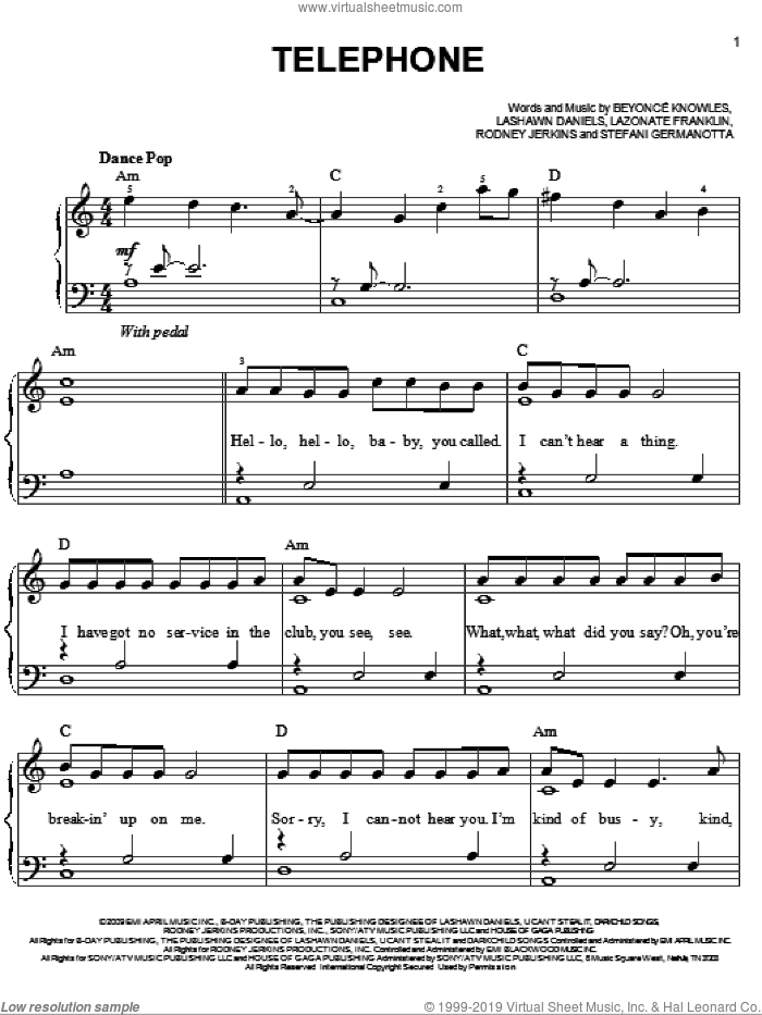 Telephone sheet music for piano solo by Lady GaGa featuring Beyonce, Lady GaGa, Beyonce, Lady Gaga, LaShawn Daniels, Lazonate Franklin and Rodney Jerkins, easy skill level