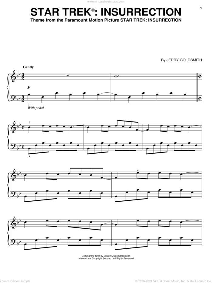 Star Trek Insurrection sheet music for piano solo by Jerry Goldsmith and Star Trek(R), intermediate skill level