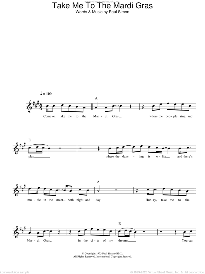 Take Me To The Mardi Gras sheet music for voice and other instruments (fake book) by Paul Simon, intermediate skill level