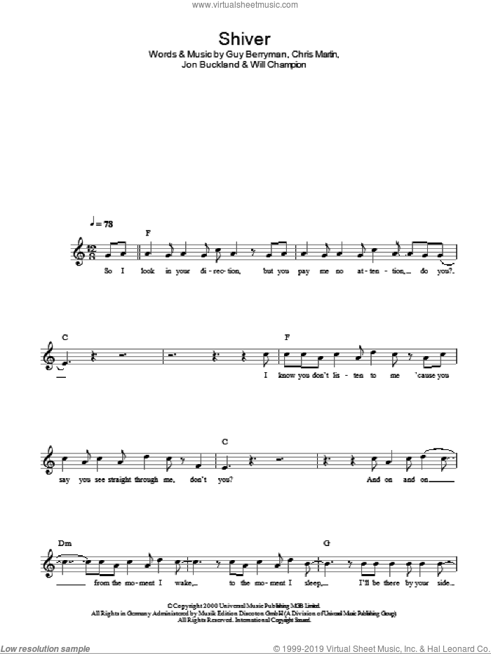 Shiver sheet music for voice and other instruments (fake book) by Coldplay, Chris Martin, Guy Berryman, Jon Buckland and Will Champion, intermediate skill level