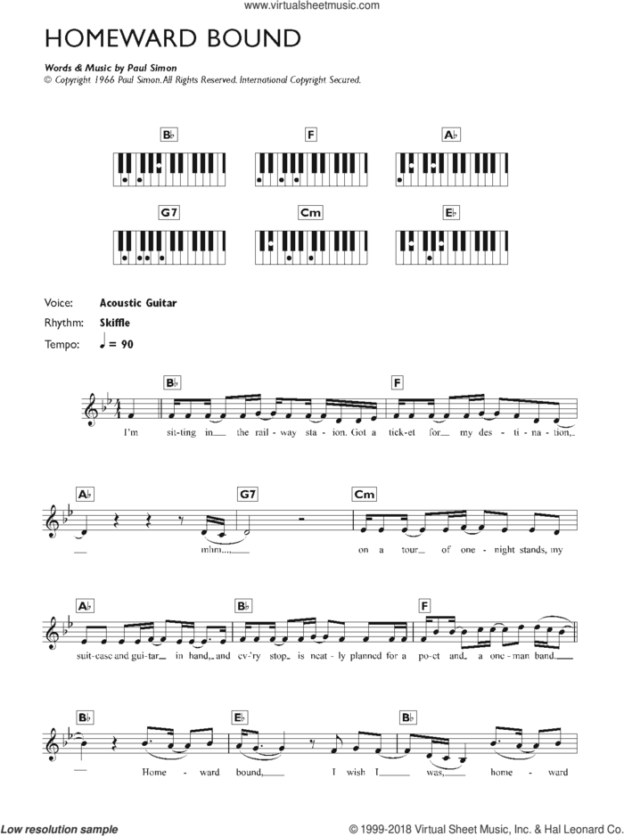 Homeward Bound sheet music for piano solo (keyboard) by Simon & Garfunkel and Paul Simon, intermediate piano (keyboard)