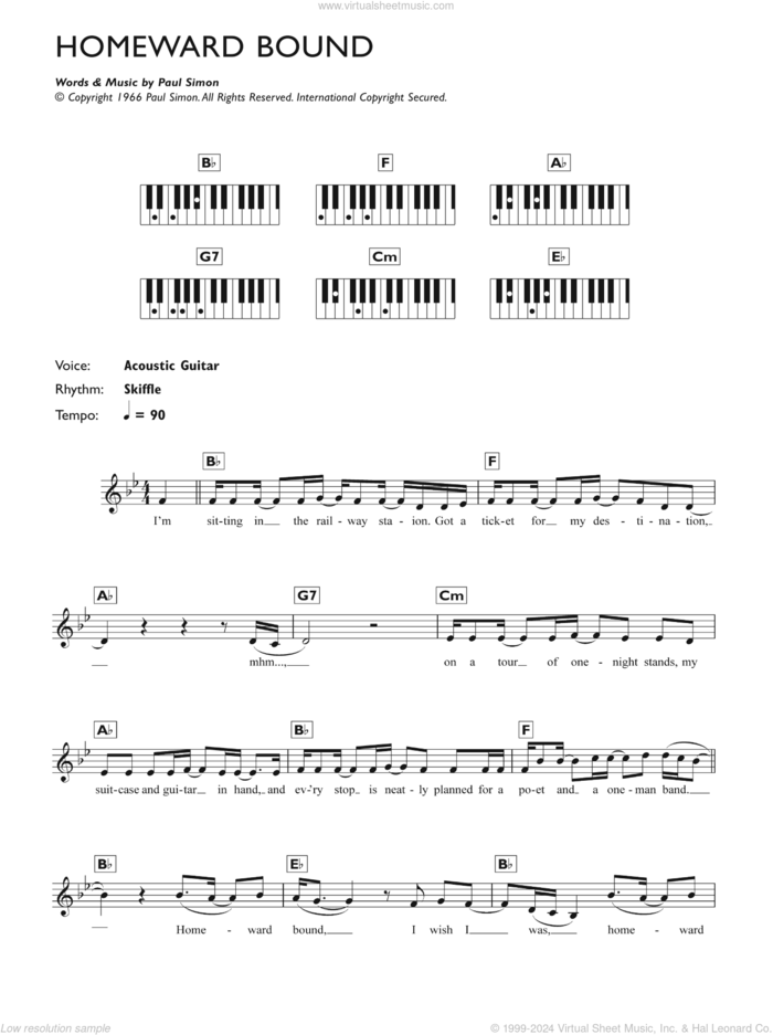 Homeward Bound sheet music for piano solo (keyboard) by Simon & Garfunkel and Paul Simon, intermediate piano (keyboard)