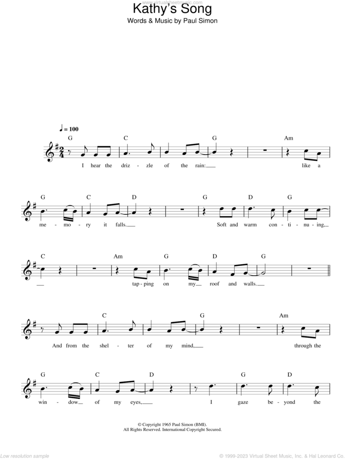 Kathy's Song sheet music for voice and other instruments (fake book) by Simon & Garfunkel and Paul Simon, intermediate skill level