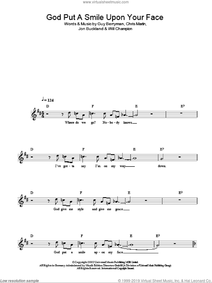 God Put A Smile Upon Your Face sheet music for voice and other instruments (fake book) by Coldplay, Chris Martin, Guy Berryman, Jon Buckland and Will Champion, intermediate skill level