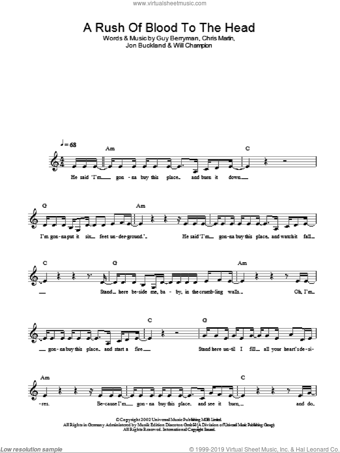 A Rush Of Blood To The Head sheet music for voice and other instruments (fake book) by Coldplay, Chris Martin, Guy Berryman, Jon Buckland and Will Champion, intermediate skill level
