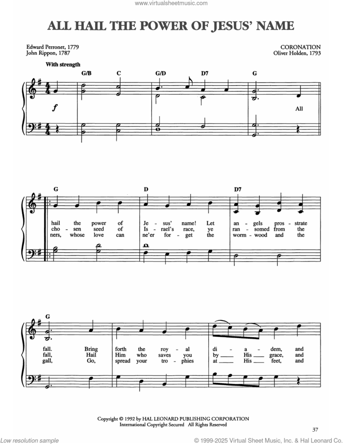 All Hail The Power Of Jesus' Name sheet music for piano solo by John Rippon, Edward Perronet and Oliver Holden, easy skill level