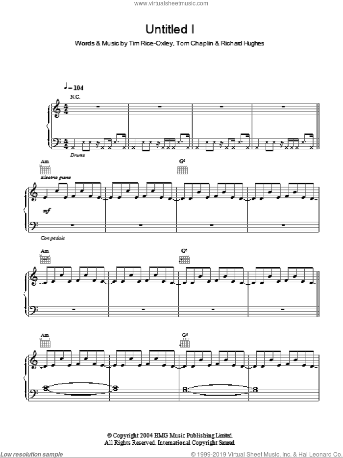Untitled I sheet music for voice, piano or guitar by Tim Rice-Oxley, Richard Hughes and Tom Chaplin, intermediate skill level