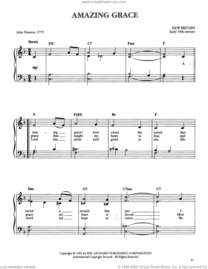 Amazing Grace sheet music for piano solo by John Newton and Miscellaneous, easy skill level