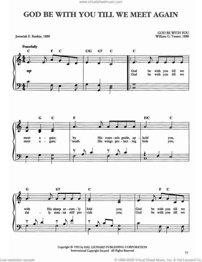 God Be With You Till We Meet Again sheet music for piano solo by Jeremiah E. Rankin and William G. Tomer, easy skill level