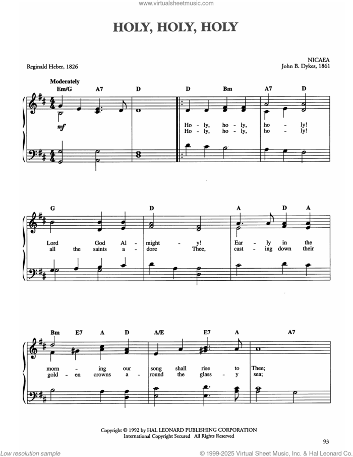 Holy, Holy, Holy sheet music for piano solo by John Bacchus Dykes and Reginald Heber, easy skill level