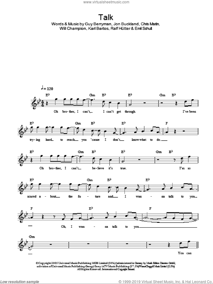 Talk sheet music for voice and other instruments (fake book) by Coldplay, Chris Martin, Emil Schult, Guy Berryman, Jon Buckland, Karl Bartos, Ralf Hutter, Ralf Hitter and Will Champion, intermediate skill level