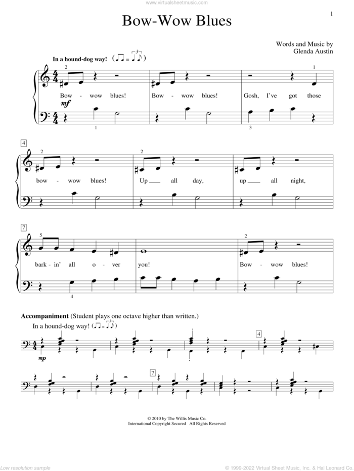 Bow-Wow Blues sheet music for piano solo (elementary) by Glenda Austin, beginner piano (elementary)
