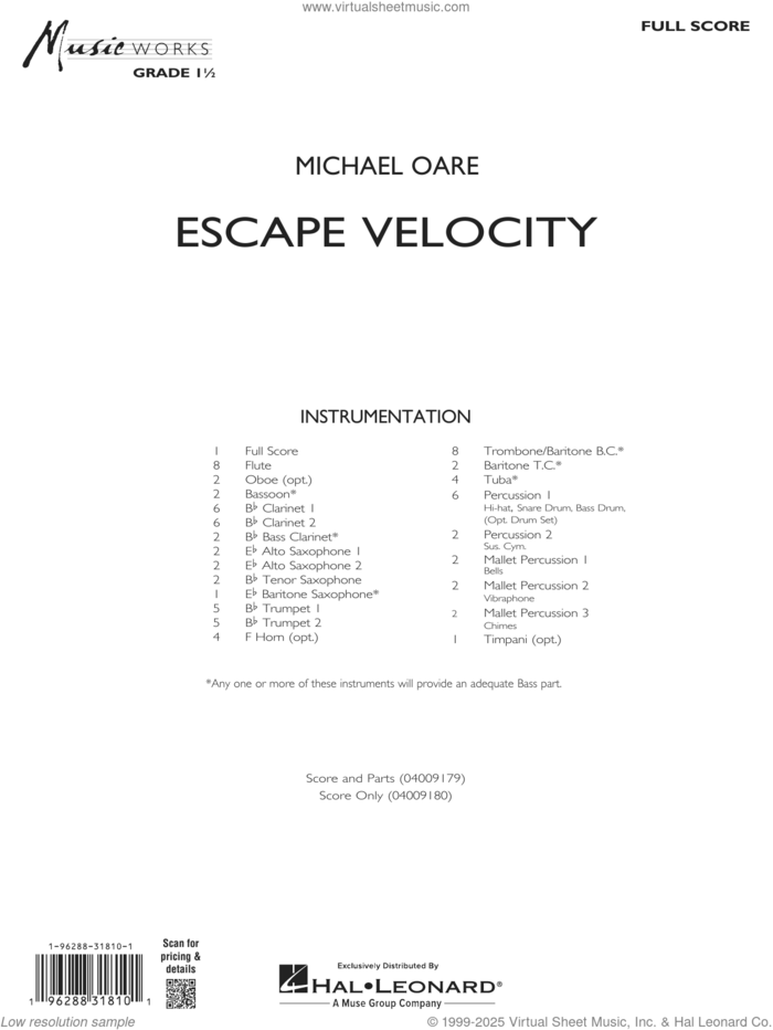 Escape Velocity (COMPLETE) sheet music for concert band by Michael Oare, intermediate skill level