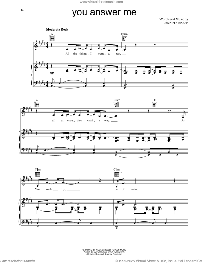 You Answer Me sheet music for voice, piano or guitar by Jennifer Knapp, intermediate skill level