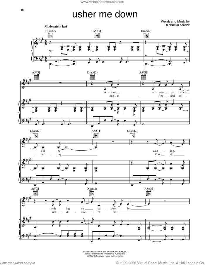 Usher Me Down sheet music for voice, piano or guitar by Jennifer Knapp, intermediate skill level