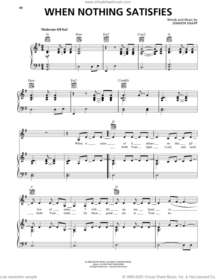 When Nothing Satisfies sheet music for voice, piano or guitar by Jennifer Knapp, intermediate skill level
