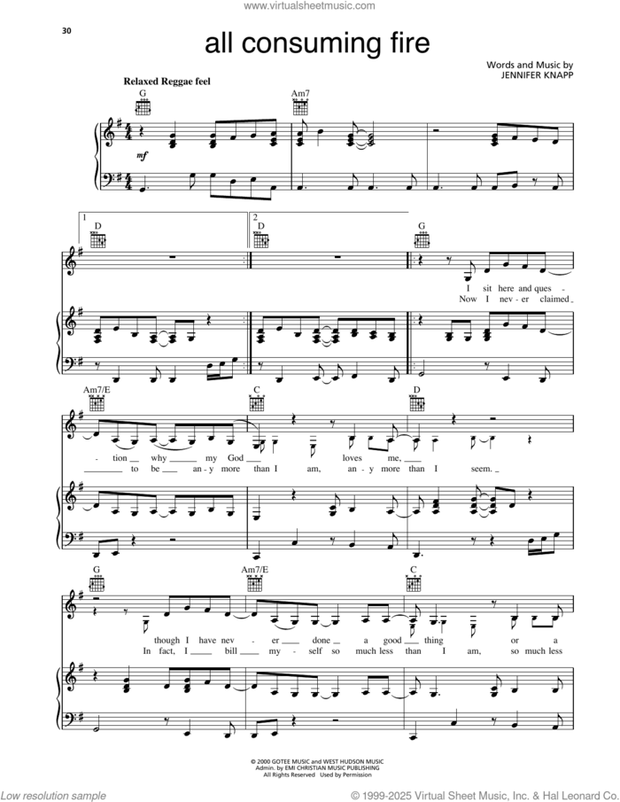 All Consuming Fire sheet music for voice, piano or guitar by Jennifer Knapp, intermediate skill level