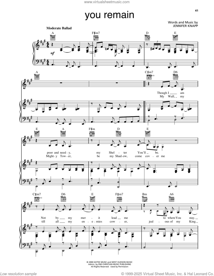 You Remain sheet music for voice, piano or guitar by Jennifer Knapp, intermediate skill level