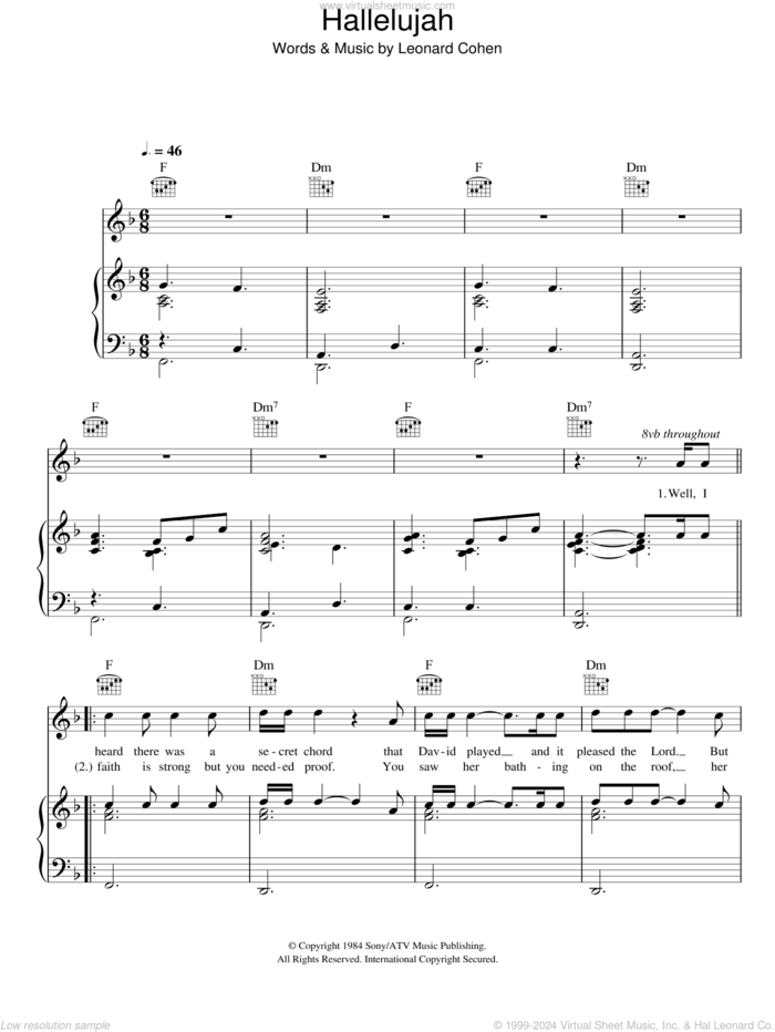 Hallelujah sheet music for voice, piano or guitar by Susan Boyle and Leonard Cohen, intermediate skill level