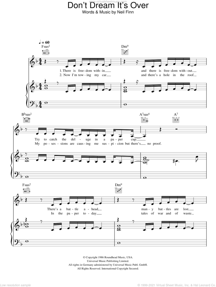 Don't Dream It's Over sheet music for voice, piano or guitar by Susan Boyle, Crowded House and Neil Finn, intermediate skill level